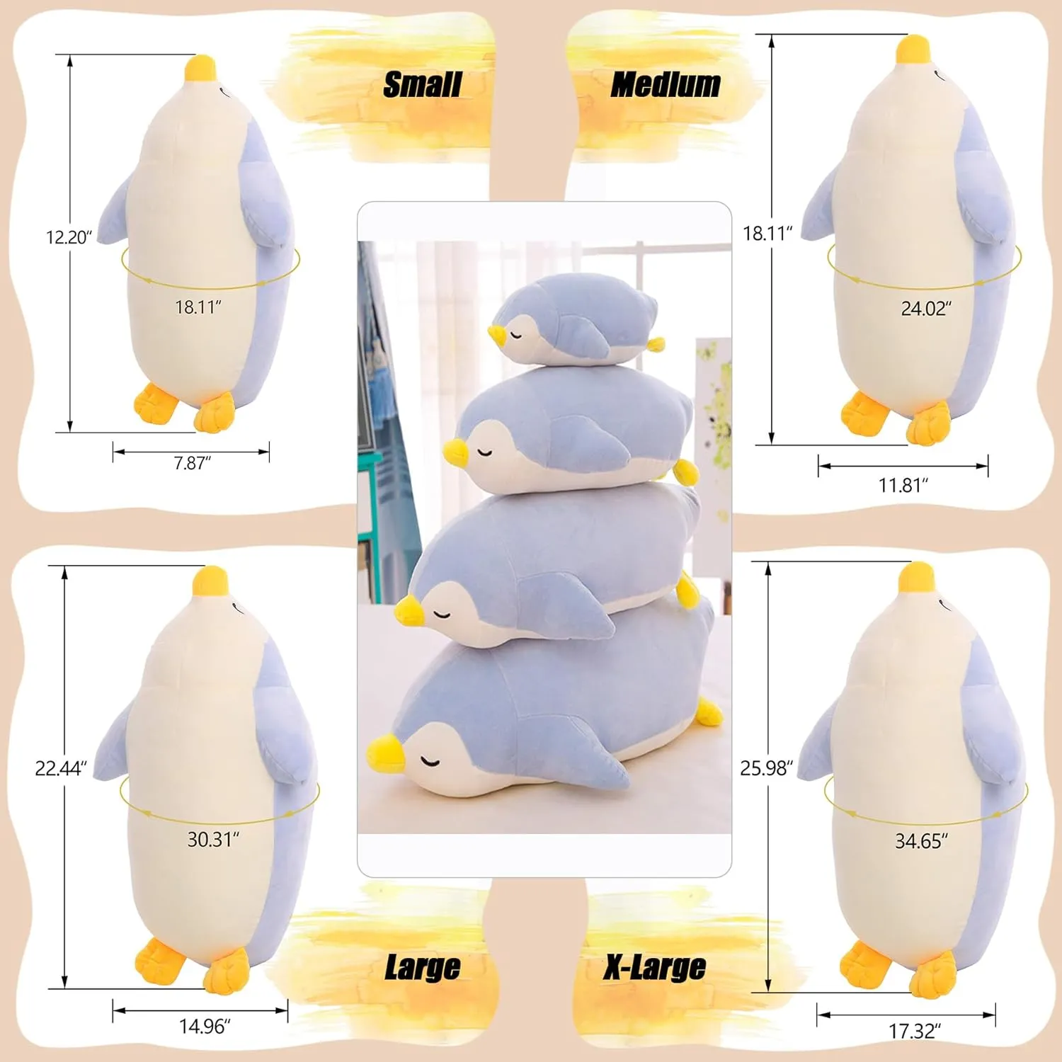 DENTRUN Penguin Stuffed Animals Bulk, Cute Penguin Plush Doll Play Toys for Kids Girls Boys Adults Birthday Xmas Halloween Present Adorable Soft Plushies, 12.20/18.11/22.44/25.98 Inchs, Blue, Black