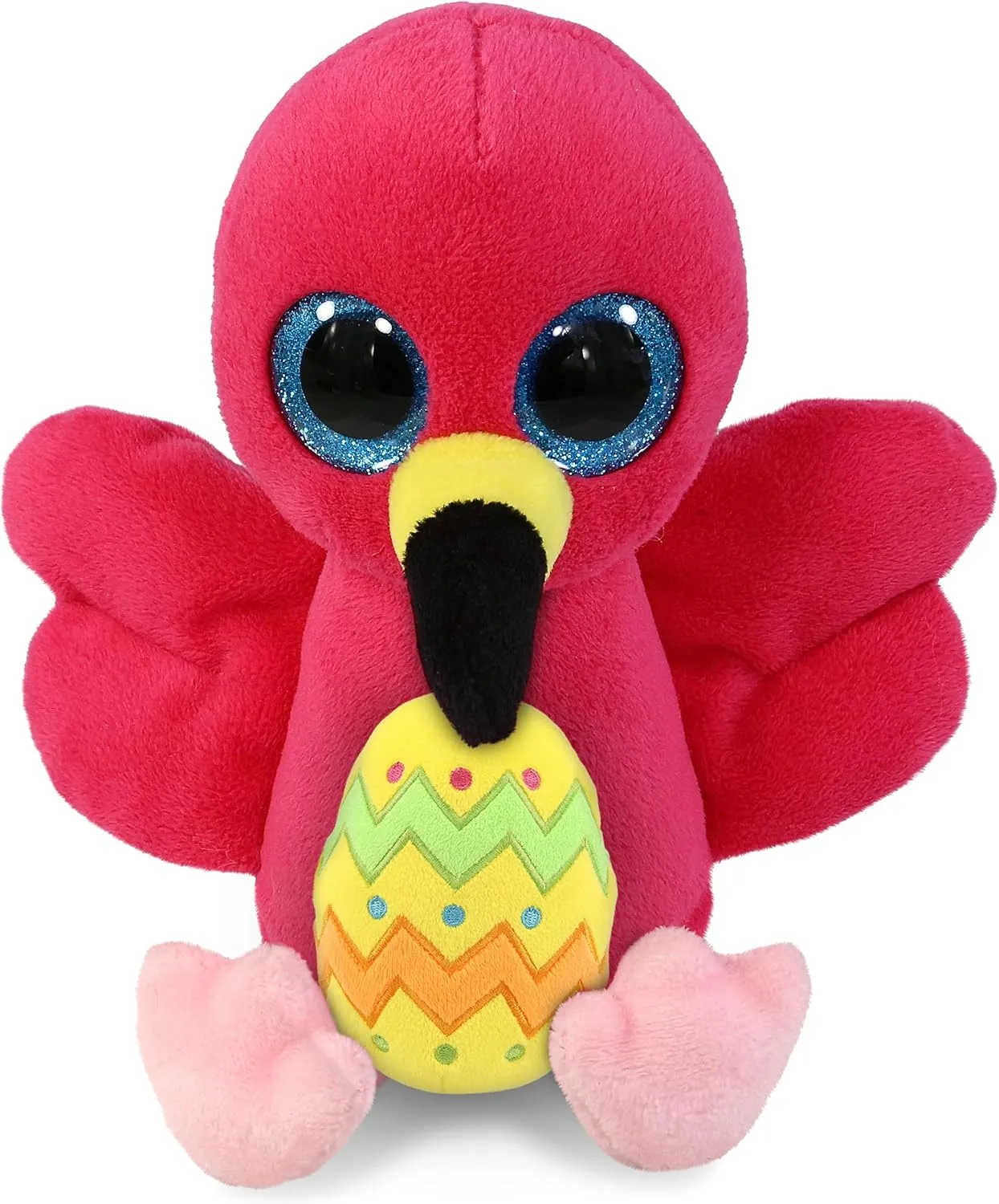 DolliBu Big Eye Flamingo with Yellow Easter Egg Plush and Name Personalization - Cute Stuffed Animals for Easter Basket, Easter Egg Stuffed Animal Spring Toys for Girls, Boy, Baby – 6 Inches