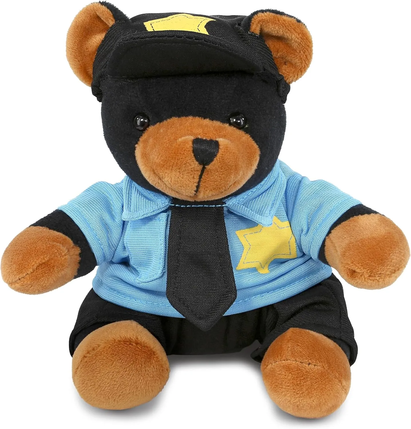 DolliBu Black Bear Police Officer Plush Toy - Super Soft Black Bear Cop Stuffed Animal Dress Up with Cute Cop Uniform & Cap Outfit Gift for Law Enforcement - 6 Inches