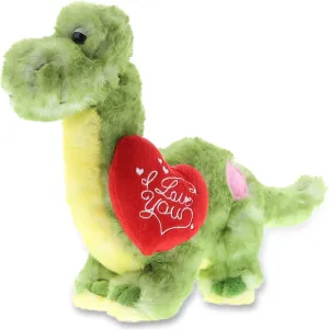 DolliBu I Love You Valentine Green Dinosaur Plush - Cute Dinosaur Stuffed Animal with Red Heart and Name Personalization Gift for Valentines Day, Birthday, Anniversary, Romantic Date - 10 Inches