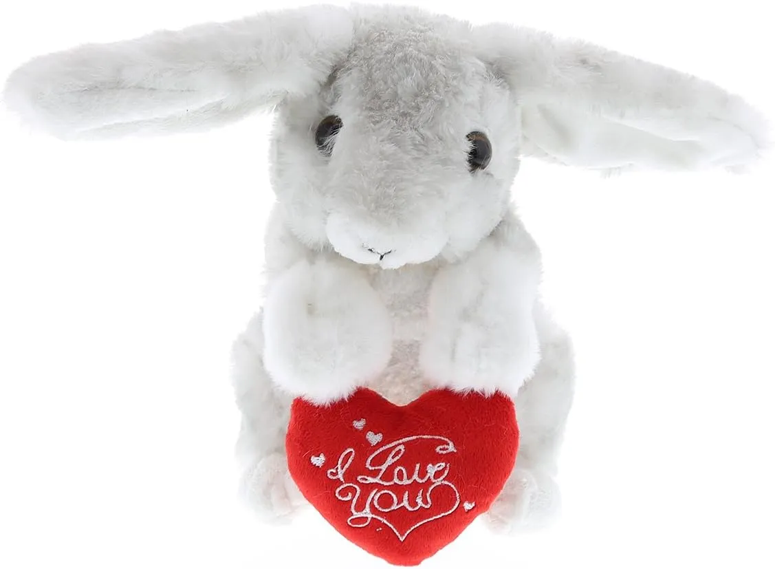 DolliBu I Love You Valentine Plush Grey Rabbit - Cute Soft Cuddly Stuffed Animal with Red Heart Gift for Valentines Day, Birthday Present, Anniversary, Romantic Date - 6.5 Inches