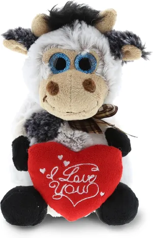 DolliBu I Love You Valentine Plush Sitting Cow - Cute Soft Cuddly Stuffed Animal with Red Heart Gift for Valentines Day, Birthday Present, Anniversary, Romantic Date - 7 Inches