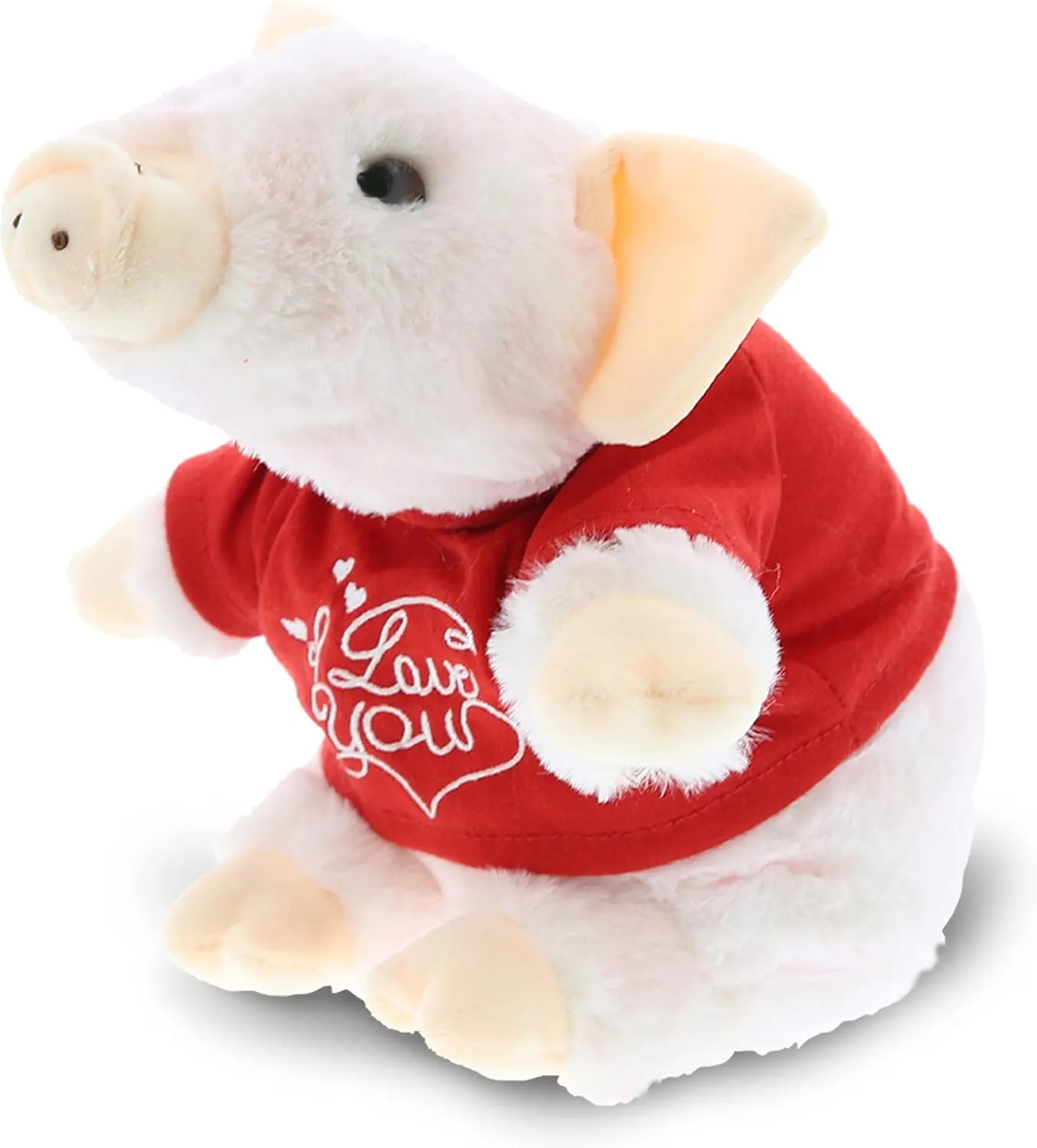 DolliBu I Love You Valentine Plush Squat Piggy - Cute Stuffed Animal with Red Shirt and Name Personalization Gift for Valentines Day, Birthday, Anniversary, Romantic Date - 7 Inches