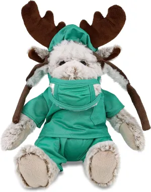 DolliBu Moose Doctor Plush with Clothes Toy - Super Soft Moose Doctor Stuffed Animal Dress Up with Cute Scrub Uniform and Cap Outfit - Fluffy Doctor Toy Plush Gift - 9 Inches