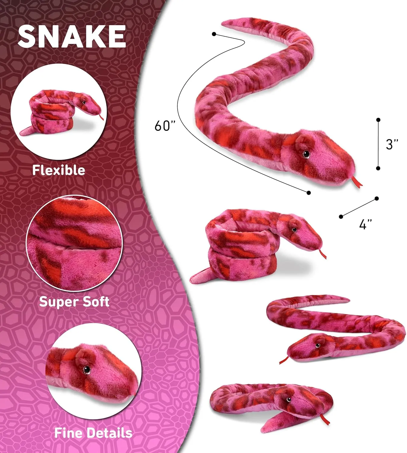 DolliBu Pink Tie-Dye Snake Stuffed Animal - Huggable Snake Plush, Adorable Playtime Plush Toy, Cute Wildlife Animal Cuddle Gifts, Super Soft Plush Doll Animal Toy for Kids and Adults - 60 Inches