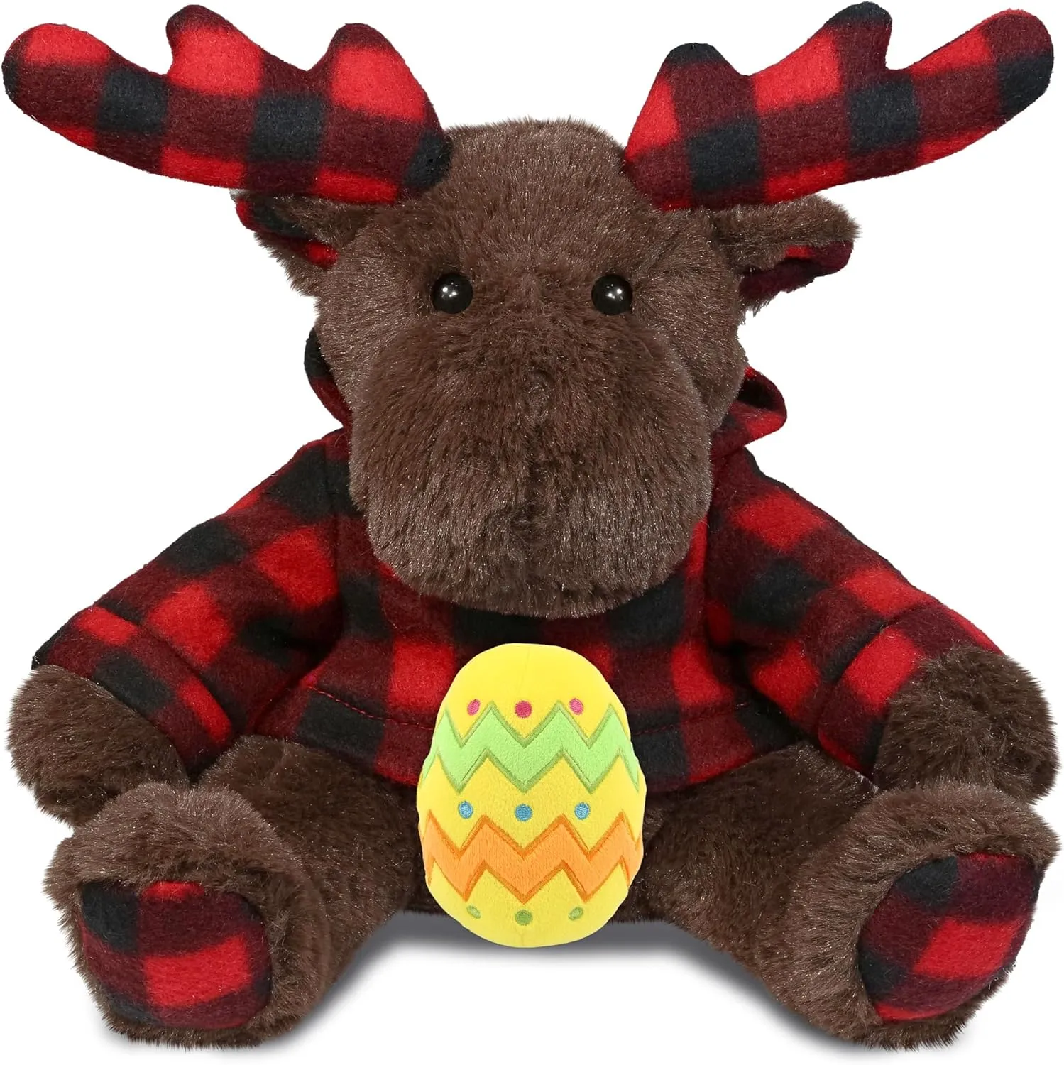 DolliBu Plaid Brown Moose with Hoodie and Yellow Easter Egg Plush and Name Personalization - Stuffed Animals for Easter Basket, Easter Egg Stuffed Animal Spring Toys for Girls, Boy, Baby - 10 Inches