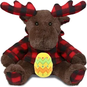 DolliBu Plaid Brown Moose with Hoodie and Yellow Easter Egg Plush and Name Personalization - Stuffed Animals for Easter Basket, Easter Egg Stuffed Animal Spring Toys for Girls, Boy, Baby - 10 Inches