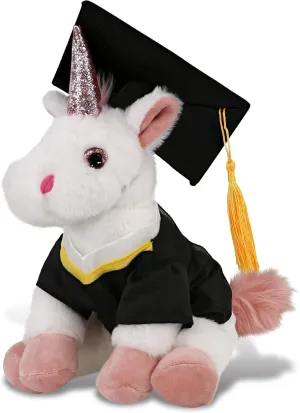 DolliBu White Unicorn Graduation Plush Toy - Soft Huggable Graduation Stuffed Animal Dress Up with Gown and Cap with Tassel Outfit with Personalization - 9 Inches