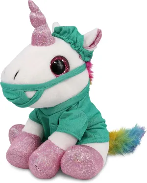 DolliBu White Unicorn Sparkle Eyes Doctor Plush Toy - Super Soft Unicorn Doctor Stuffed Animal Dress Up with Scrub Uniform and Cap Outfit - Gift with Personalization - 8 Inch