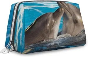 Dolphins,Leather Large Makeup Bag Zipper Pouch,Pair of Dolphins Dancing in Water,Travel Cosmetic Organizer for Women and Girls,Blue,S