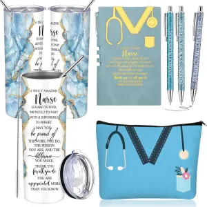 Domensi 6 Pcs Cna Week Appreciation Gifts 2025 for Women Medical Nursing Assistant 20 oz Marble Sign Nurse Tumbler Makeup Bag Notepad with Ballpoint Pen for Graduation Nursing Student(Blue)