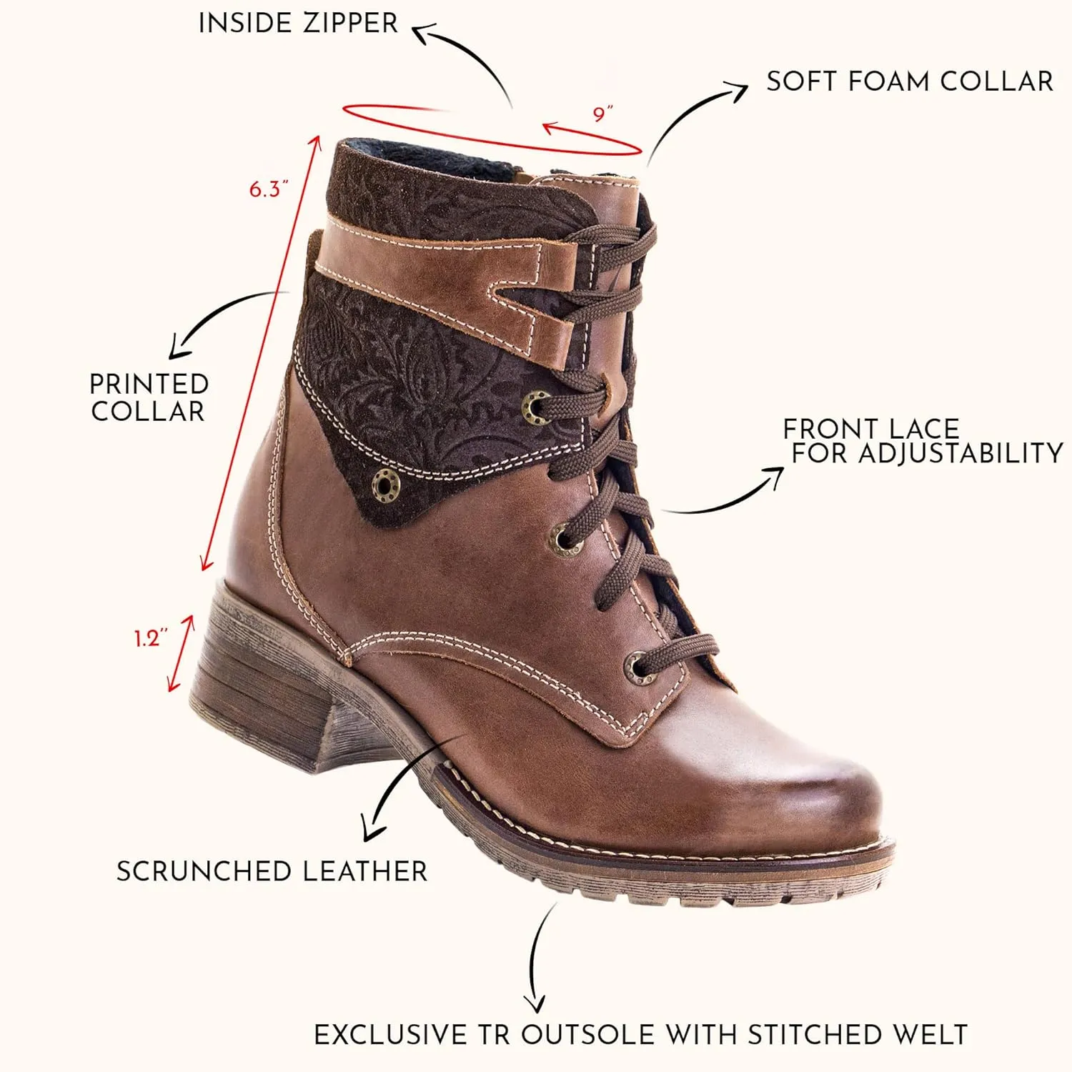 Dromedaris Women's Kara Combat Lace-up Comfort Boot with Inside Zip