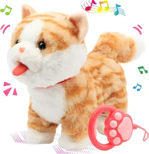 Easfan 12" Walking Kitty Electric Interactive Talking Musical Cat Plush Toy with Remote Control Leash Meowing Tail Wagging Christmas Birthday Gifts for Kids Toddlers, Orange