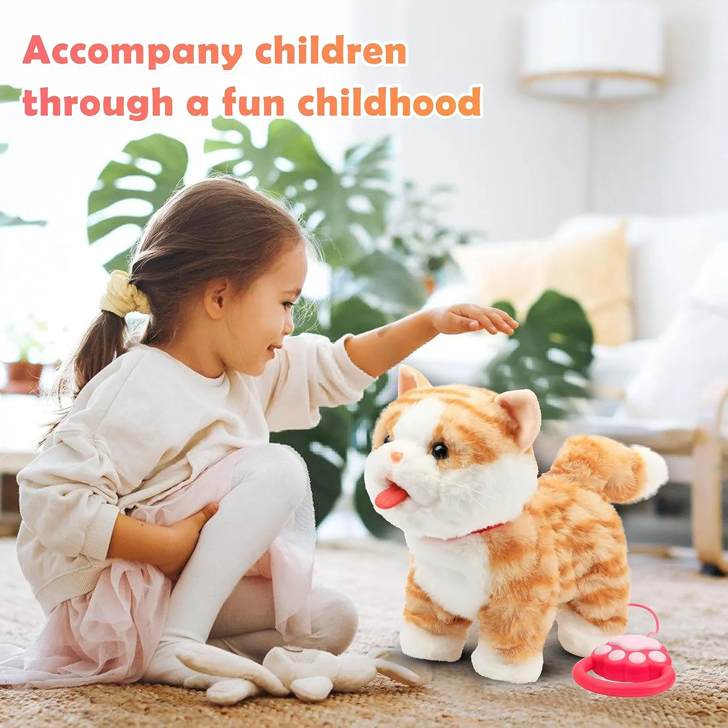 Easfan 12" Walking Kitty Electric Interactive Talking Musical Cat Plush Toy with Remote Control Leash Meowing Tail Wagging Christmas Birthday Gifts for Kids Toddlers, Orange