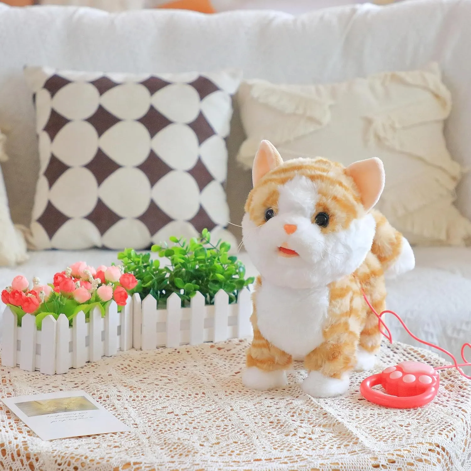 Easfan 12" Walking Kitty Electric Interactive Talking Musical Cat Plush Toy with Remote Control Leash Meowing Tail Wagging Christmas Birthday Gifts for Kids Toddlers, Orange