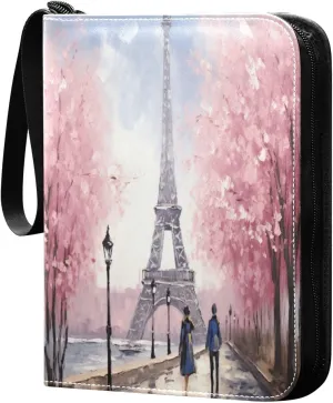 Eiffel Tower Painting Card Binder with Double Sided PU Leather Holder Albums Book with 400 Pockets for Collectible Trading Card Games Card