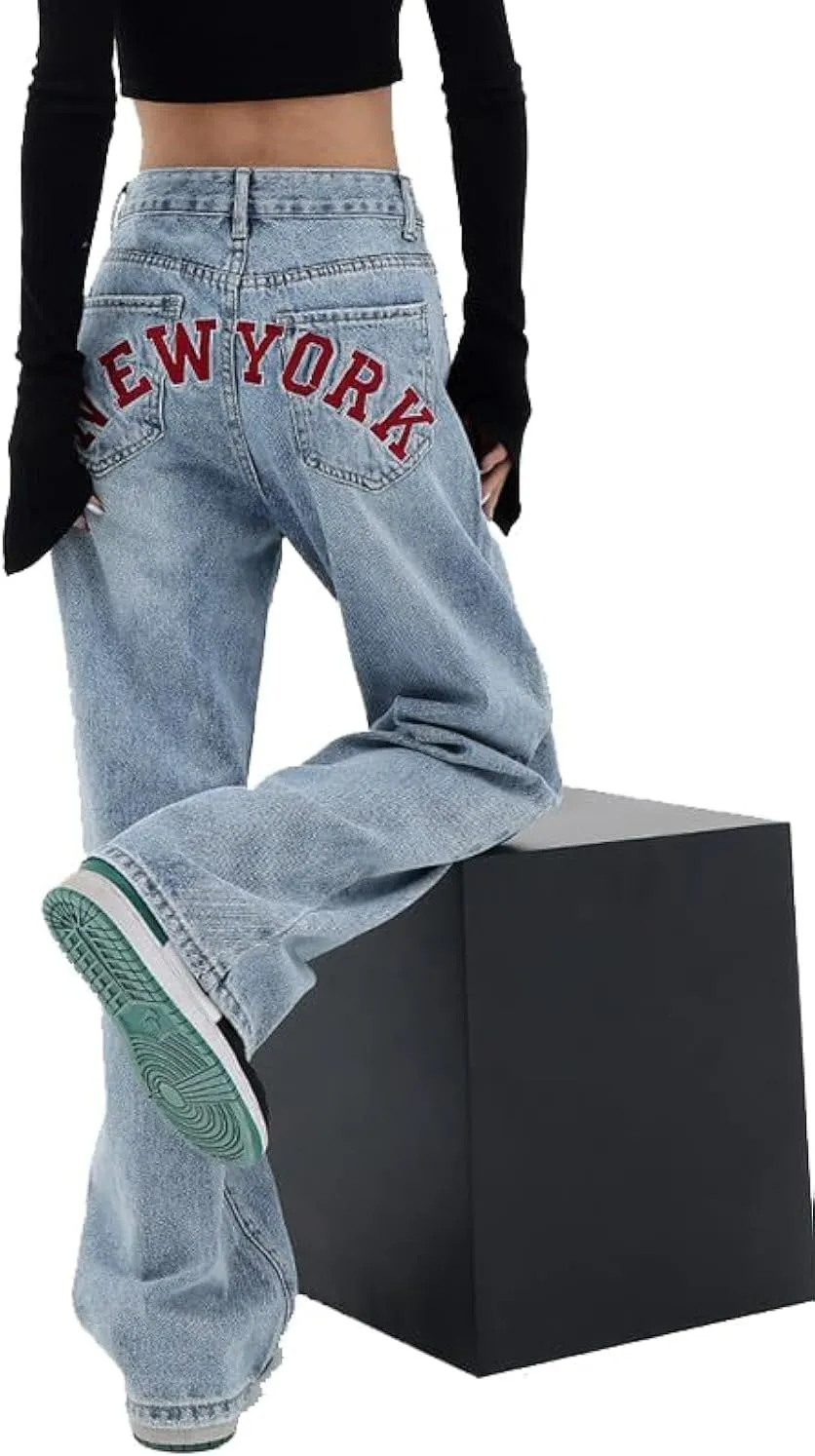 EMMIOL Women's Baggy Boyfriend Jeans Wide Leg High Rise Dark Wash Vintage Jeans Y2K Street Denim Pants