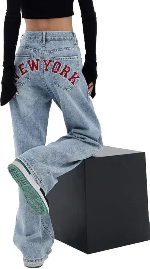 EMMIOL Women's Baggy Boyfriend Jeans Wide Leg High Rise Dark Wash Vintage Jeans Y2K Street Denim Pants