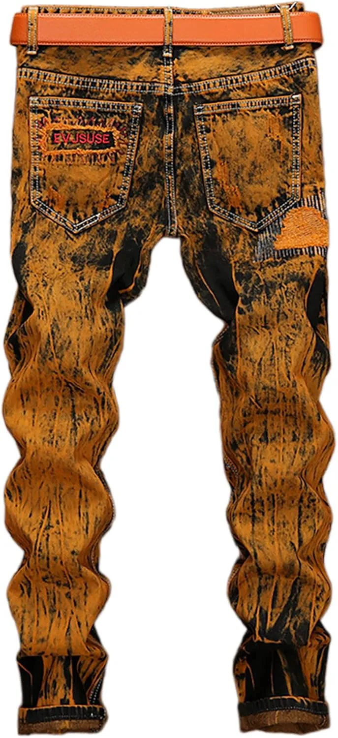 Enrica Men's Ripped Straight Slim Moto Biker Jeans
