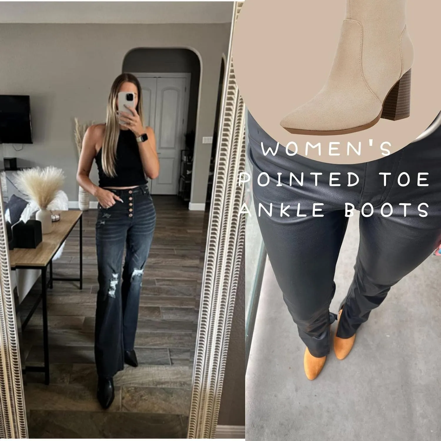 Ermonn Womens Pointed Toe High Heels Ankle Boots Zipper Block Chunky Heel Knit Elastic Fall Winter Dressy Booties