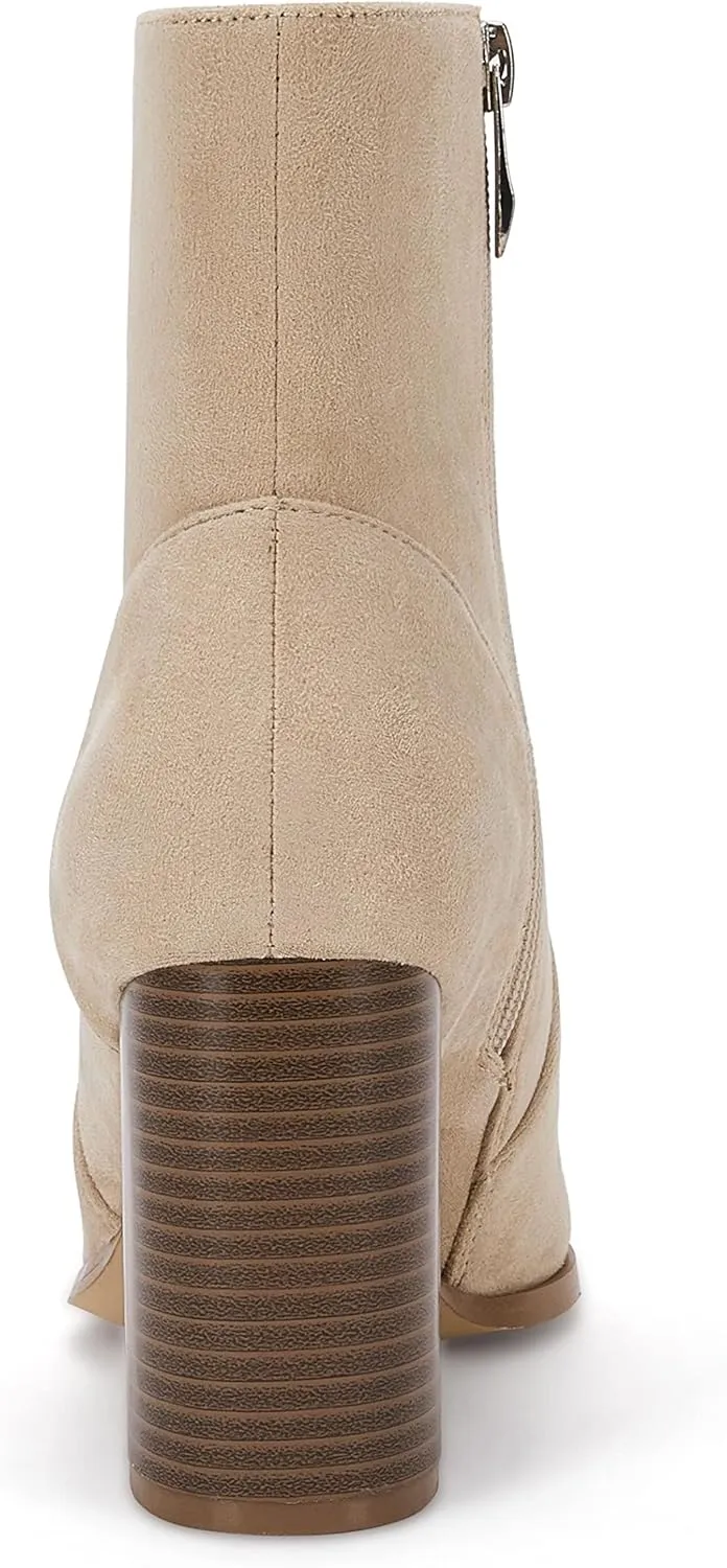 Ermonn Womens Pointed Toe High Heels Ankle Boots Zipper Block Chunky Heel Knit Elastic Fall Winter Dressy Booties