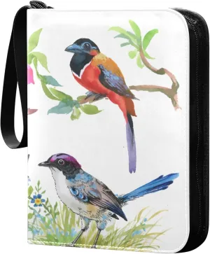 Exnundod 4 Pocket Trading Card Binder Colorful Birds Flowers, PU Leather Card Collection Binder Spring Watercolor 400 Cards Organizer Binder Collectible Trading Card Albums for Sports Game Card