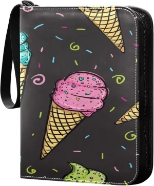 Exnundod 4 Pocket Trading Card Binder Colorful Ice Cream Cone PU Leather Card Collection Binder Summer Time 400 Cards Organizer Binder Collectible Trading Card Albums for Sports Game Card