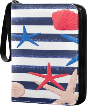 Exnundod 4 Pocket Trading Card Binder Colorful Summer Starfish PU Leather Card Collection Binder Navy Blue Stripes 400 Cards Organizer Binder Collectible Trading Card Albums for Sports Game Card
