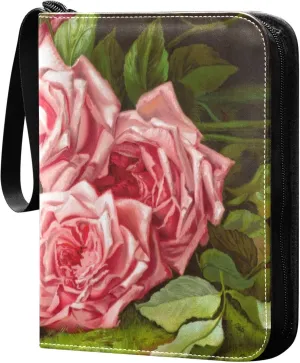 Exnundod 4 Pocket Trading Card Binder Retro Pink Roses, PU Leather Card Collection Binder Oil Painting 400 Cards Organizer Binder Collectible Trading Card Albums for Sports Game Card