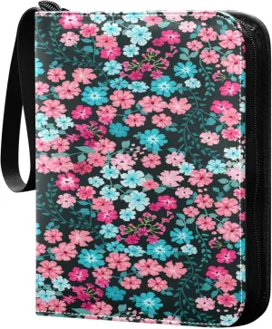 Exnundod 4 Pocket Trading Card Binder Small Colorful Flowers PU Leather Card Collection Binder Bright Pattern 400 Cards Organizer Binder Collectible Trading Card Albums for Sports Game Card