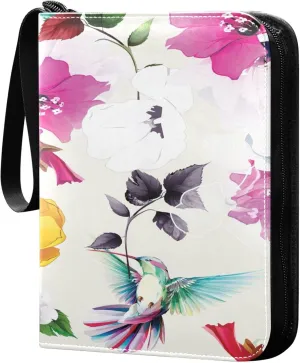 Exnundod 4 Pocket Trading Card Binder Spring Hummingbird Floral, PU Leather Card Collection Binder Colorful Summer Flowers 400 Cards Organizer Binder Collectible Trading Card Albums for Sports Game C