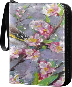 Exnundod 4 Pocket Trading Card Binder Spring Oil Painting Birds, PU Leather Card Collection Binder Pink Flowers Bullfinch 400 Cards Organizer Binder Collectible Trading Card Albums for Sports Game Ca