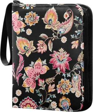 Exnundod 4 Pocket Trading Card Binder Vintage Batik Ethnic Flowers PU Leather Card Collection Binder Colorful Leaves 400 Cards Organizer Binder Collectible Trading Card Albums for Sports Game Card