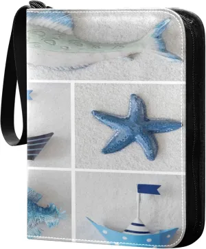 Exnundod Blue Summer Sea Stars Trading Card Binder for Cards, Fish Boat Sports Card Binder Card Album 4-Pockets for 400 Cards PU Baseball Football Game Cards Collection