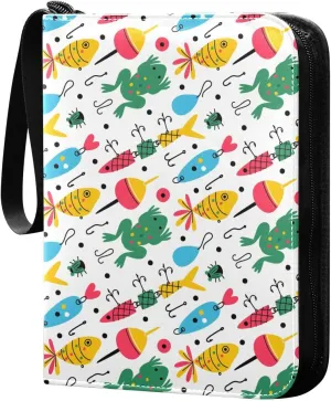 Exnundod Colorful Fishing Bait Pattern Trading Card Binder for Cards Card Album 4-Pockets 400 Cards Removable Sleeves PU Baseball Card Holder Football Sports Card Collection