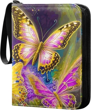 Exnundod Colorful Forest Butterflies Trading Card Binder for Cards, Card Album 4-Pockets for 400 Cards with Removable Sleeves PU Baseball Card Holder Football Sports Card Collection