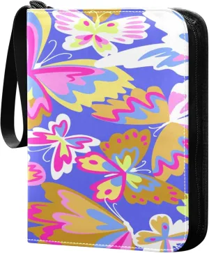 Exnundod Decorative Colorful Butterflies Trading Card Binder for Cards, Card Album 4-Pockets for 400 Cards with Removable Sleeves PU Baseball Card Holder Football Sports Card Collection