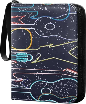 Exnundod Sport Card Binder Colorful Electric Guitars 4 Pocket Trading Card Binder PU Leather Card Collection 400 Cards Organizer Trading Card Albums for Sports Game Card