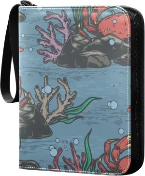 Exnundod Sport Card Binder Sea Crab Colorful 4 Pocket Trading Card Binder PU Leather Card Collection Starfish Sea 400 Cards Organizer Trading Card Albums for Sports Game Card