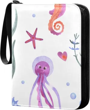 Exnundod Sport Card Binder Watercolor Sea Animals 4 Pocket Trading Card Binder PU Leather Card Collection Underwater Horse Fish 400 Cards Organizer Trading Card Albums for Sports Game Card