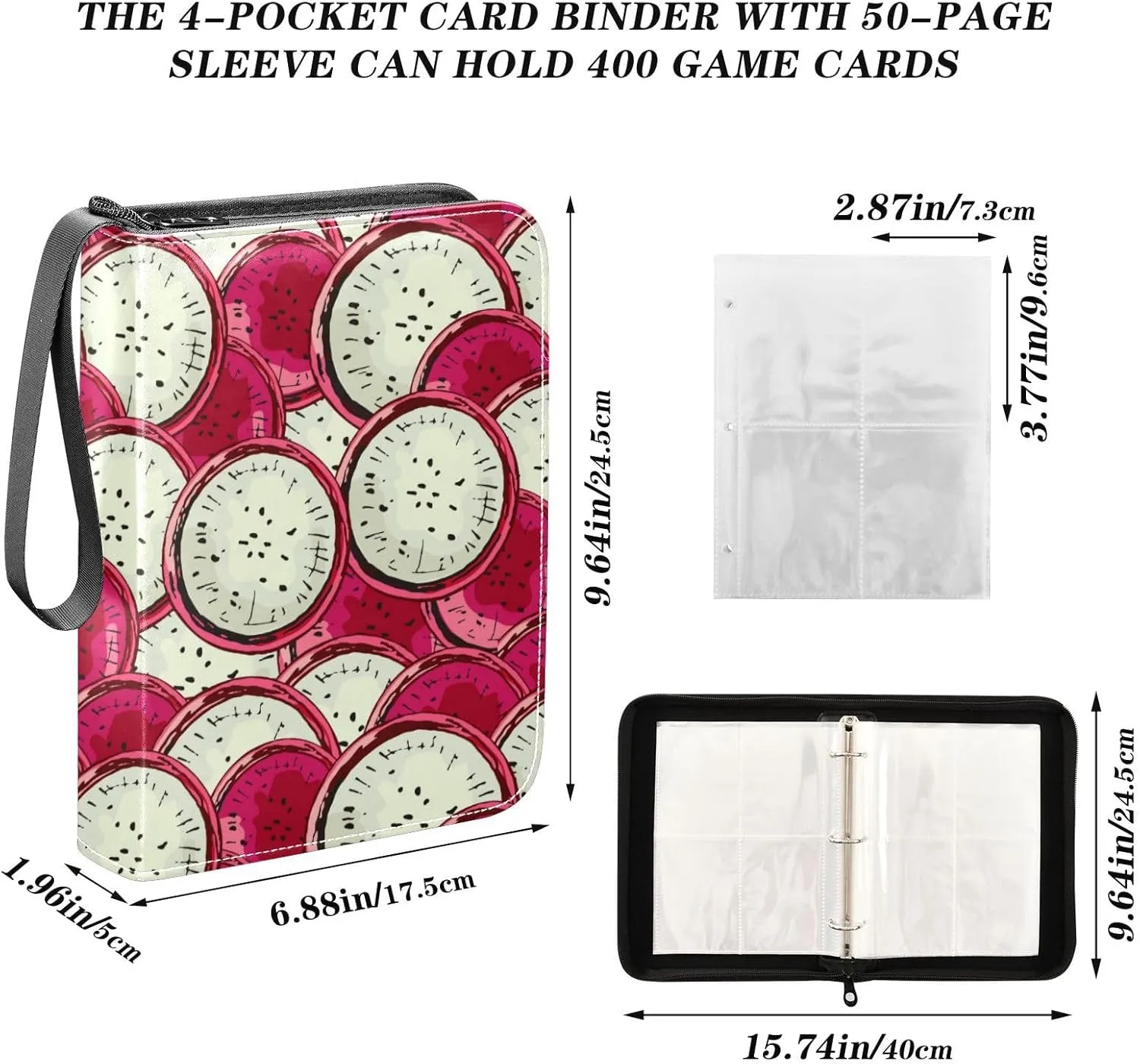 Exnundod Trading Card Binder for Cards Slice Dragon Fruit Colorful Card Album 4-Pockets 400 Cards Removable Sleeves PU Baseball Card Holder Football Sports Card Collection