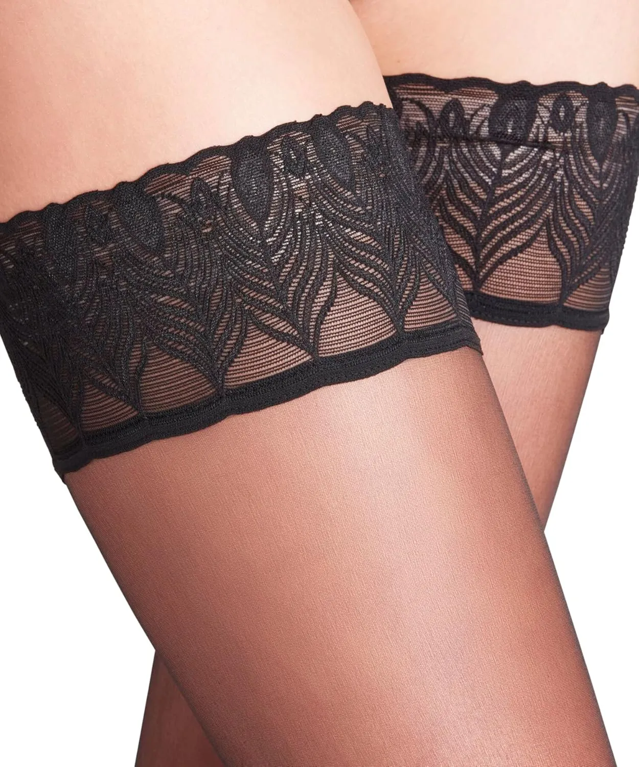 FALKE Women's Lunelle 8 Denier Thigh Highs, Non Slip Peacock Feather Lace Band, Ultra-Sheer Transparent, Nylon, Beige