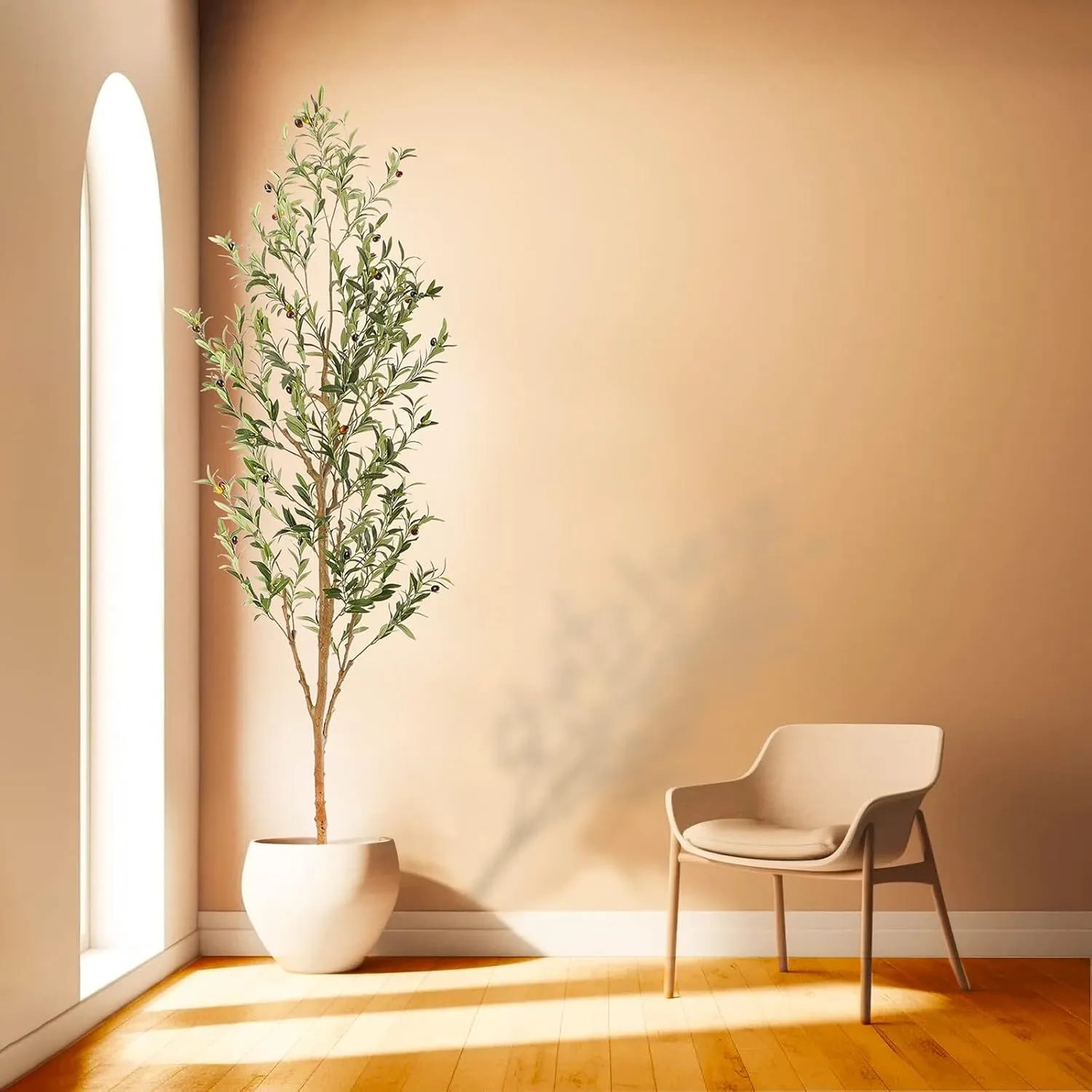Faux Olive Tree 7ft，Olive Trees Artificial Indoor with Natural Wood Trunk and Realistic Leaves and Fruits. 7 Feet(84in) Fake Olive Tree for Home House Office Décor.
