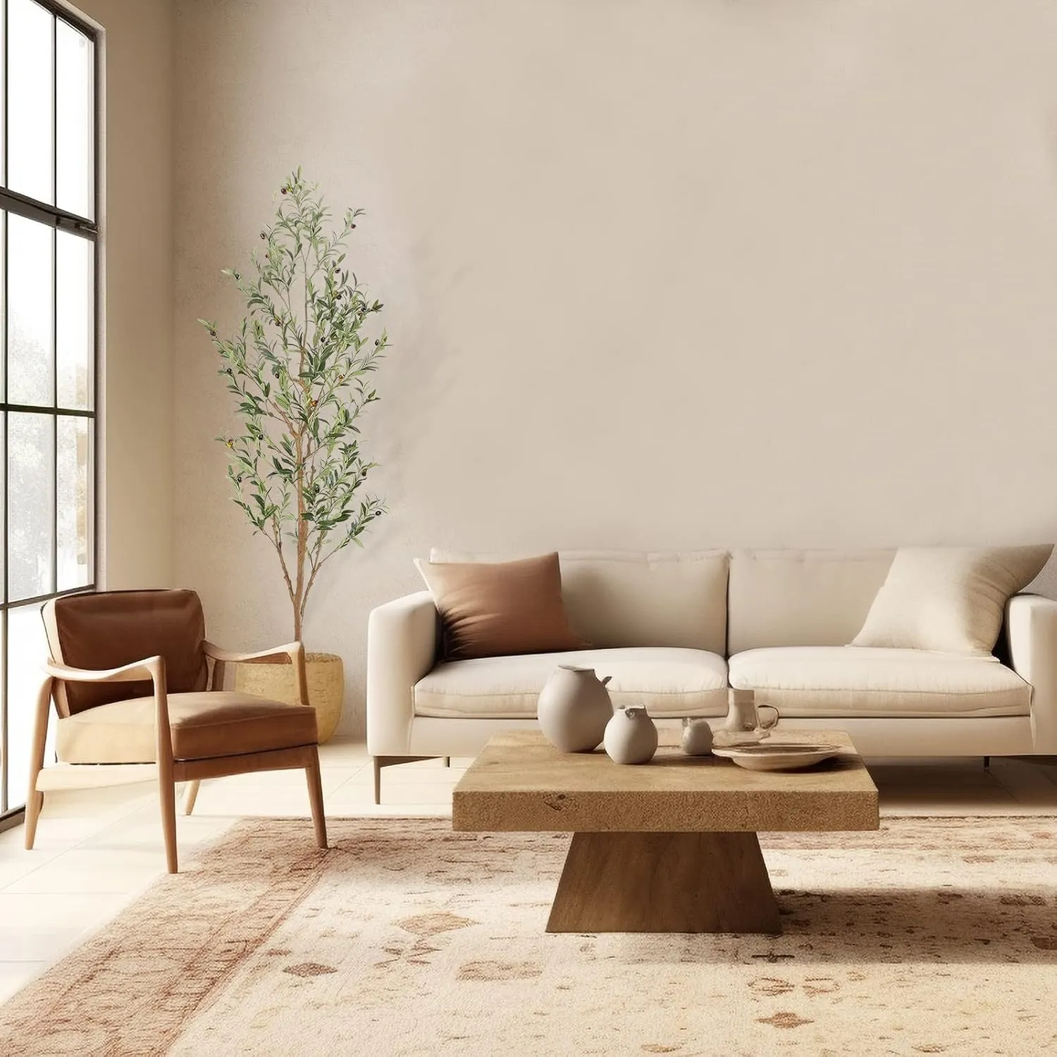 Faux Olive Tree 7ft，Olive Trees Artificial Indoor with Natural Wood Trunk and Realistic Leaves and Fruits. 7 Feet(84in) Fake Olive Tree for Home House Office Décor.