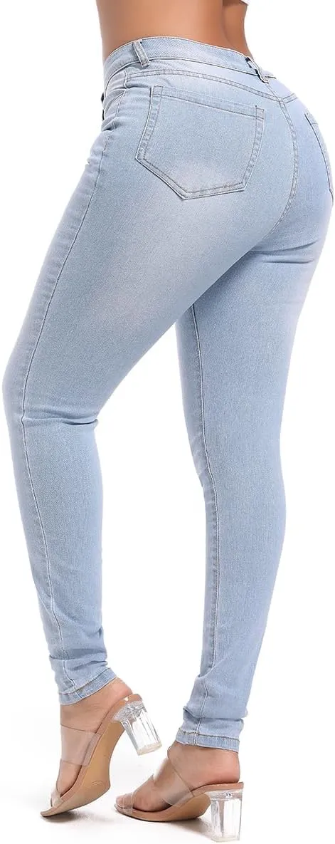 FISCLOSIN Womens High Waist Stretch Jeans 5 Button Push Up Butt Lifting Skinny Colombian Jeans