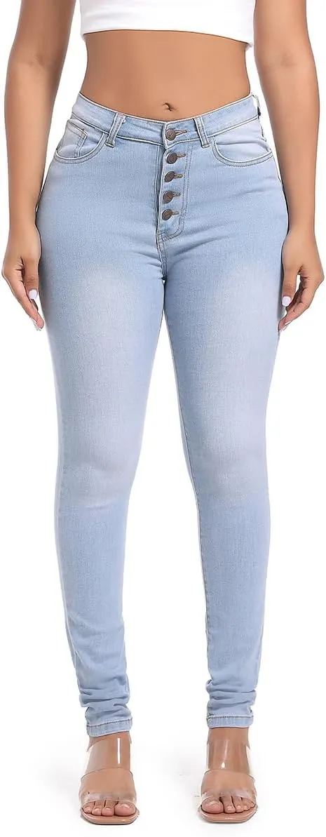 FISCLOSIN Womens High Waist Stretch Jeans 5 Button Push Up Butt Lifting Skinny Colombian Jeans