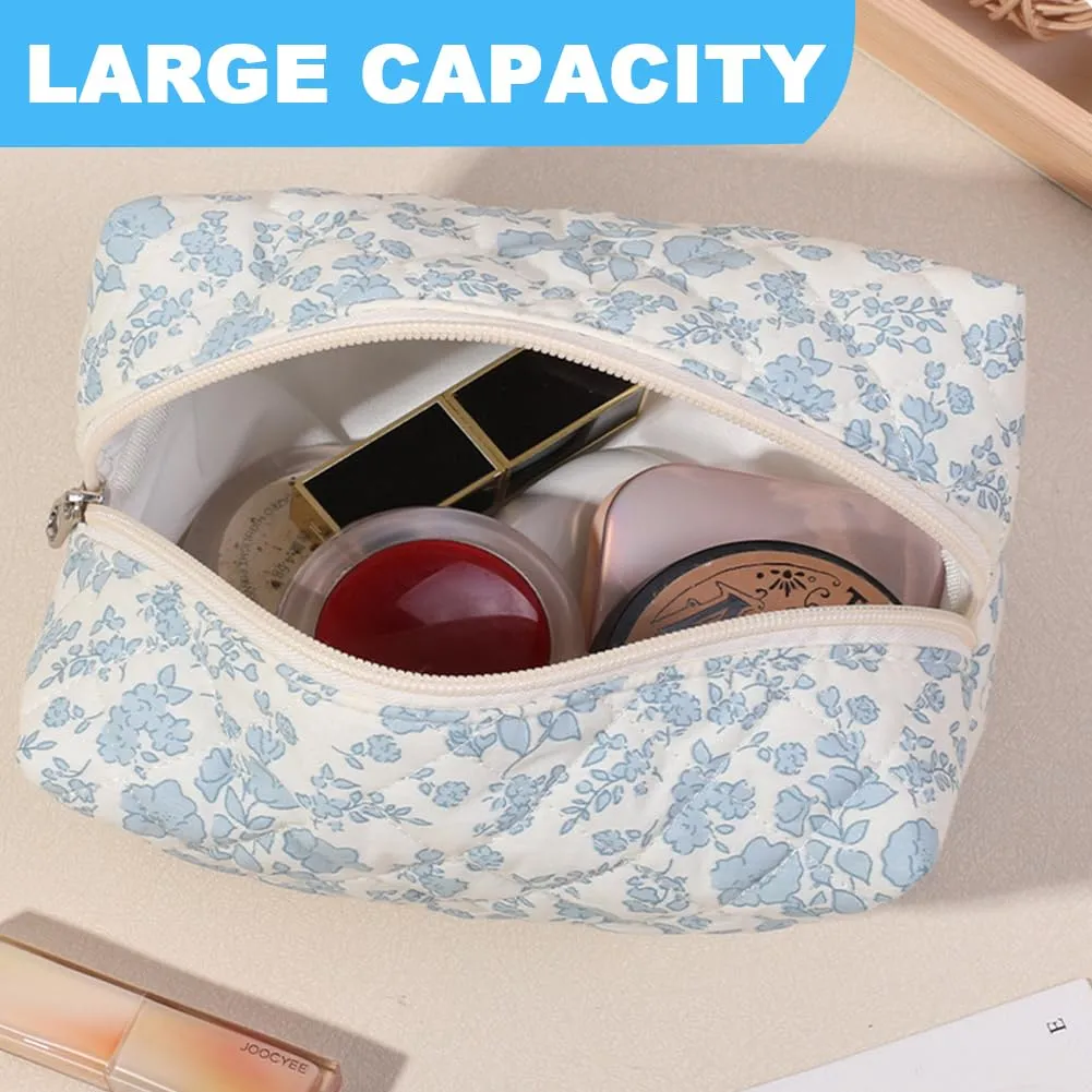FITINI 2 Pcs Makeup Bag Large Cosmetic Bags Portable Travel Toiletry Case Organizer Cute Small Brushes Storage Pouch with Zipper for Women Purse,Quilting Blue Flower