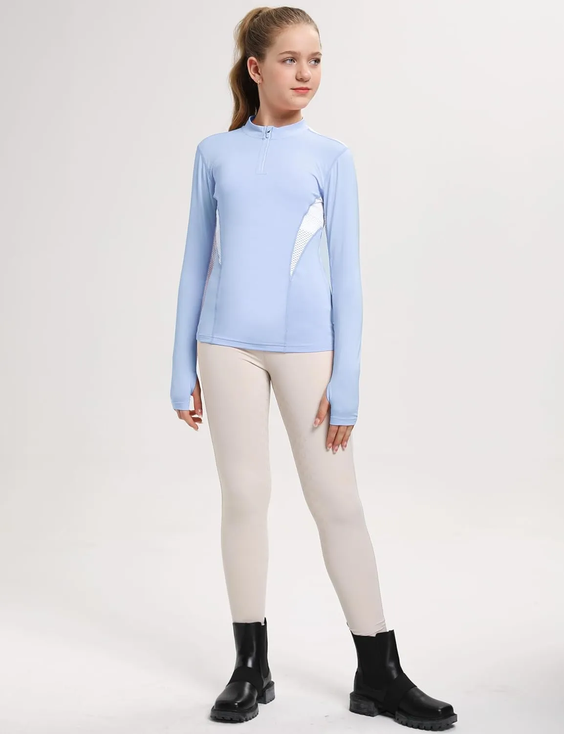 FitsT4 Sports Girls Long Sleeves Shirts Thumbhole English Horse Riding Shirt UPF50 Quick Dry Kids Equestrain Half Zip Jacket