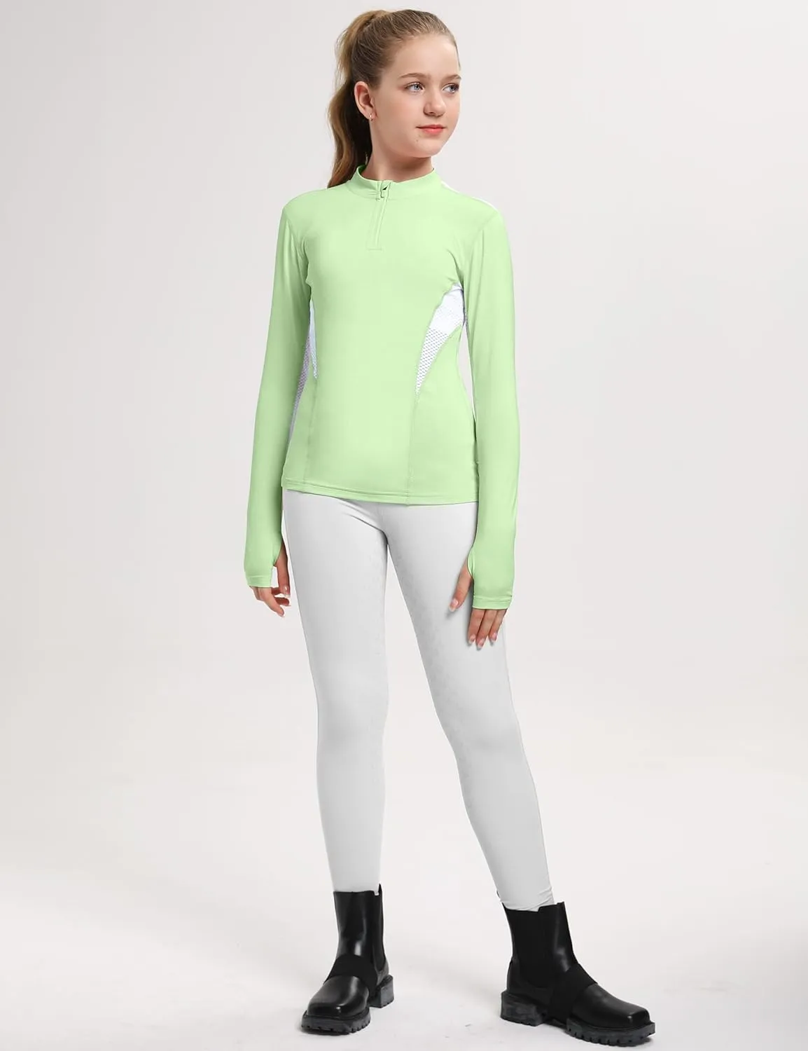 FitsT4 Sports Girls Long Sleeves Shirts Thumbhole English Horse Riding Shirt UPF50 Quick Dry Kids Equestrain Half Zip Jacket