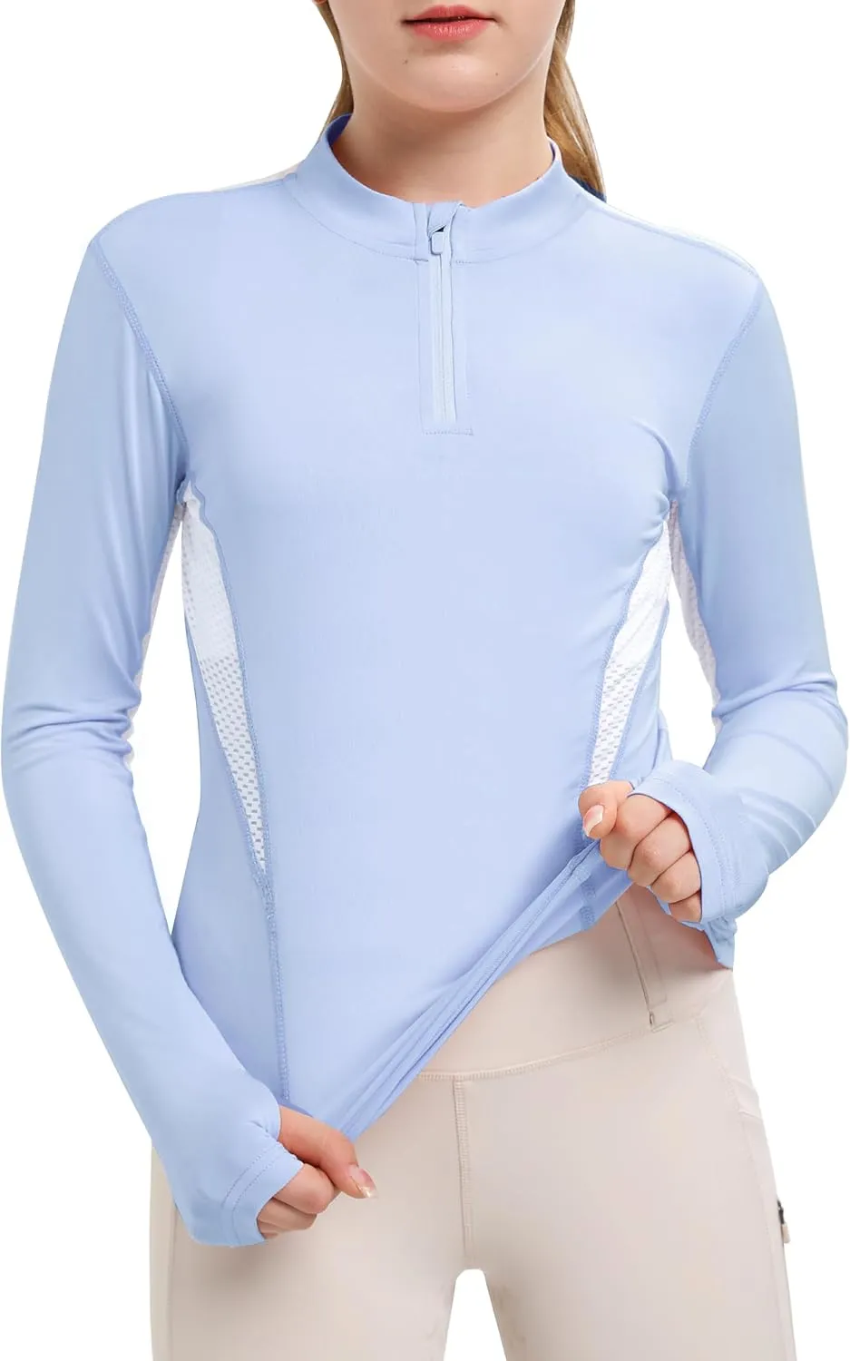 FitsT4 Sports Girls Long Sleeves Shirts Thumbhole English Horse Riding Shirt UPF50 Quick Dry Kids Equestrain Half Zip Jacket